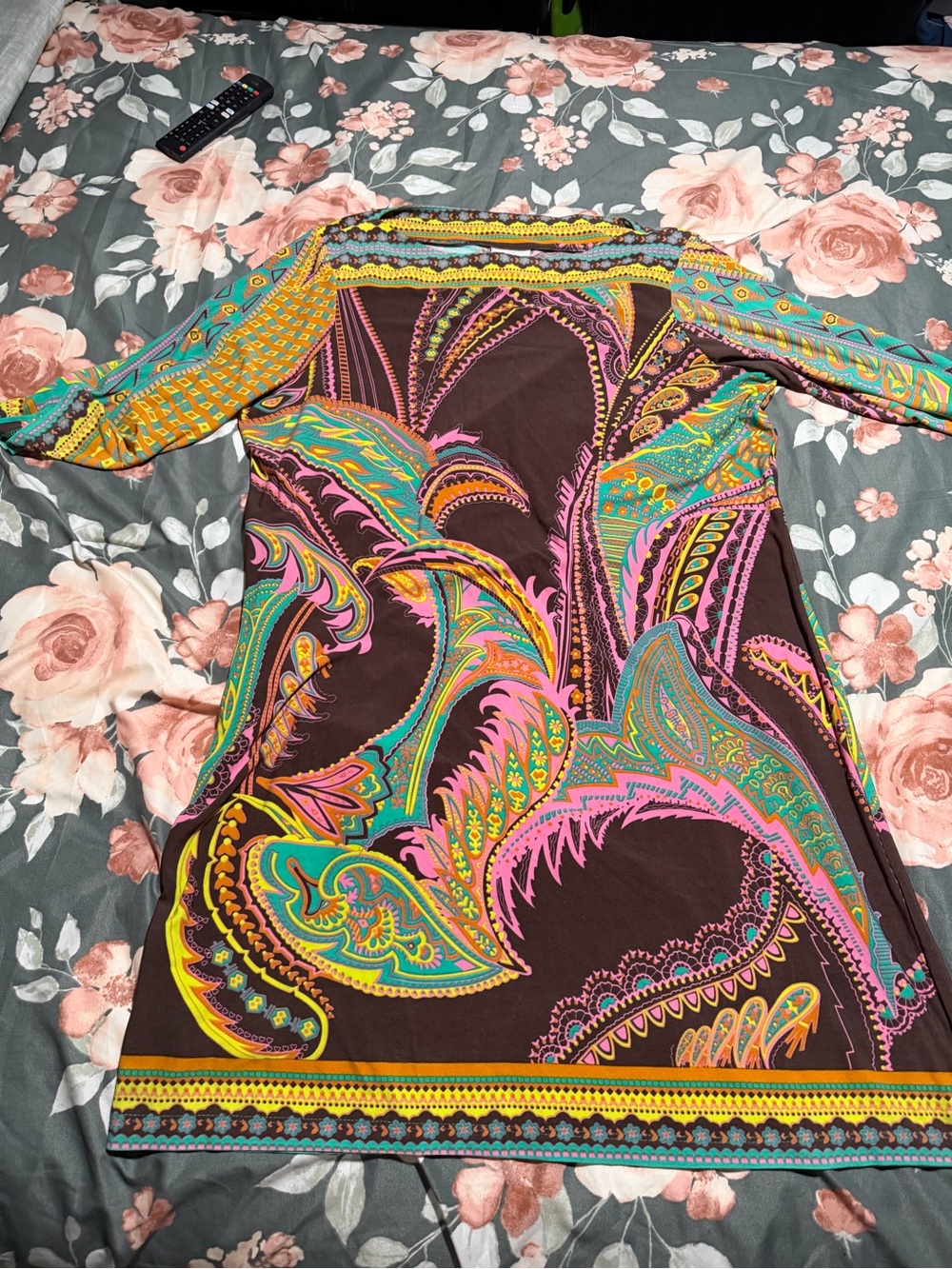 ECI Brown Paisley Shift Dress with Pink, Turquoise & Yellow Accents